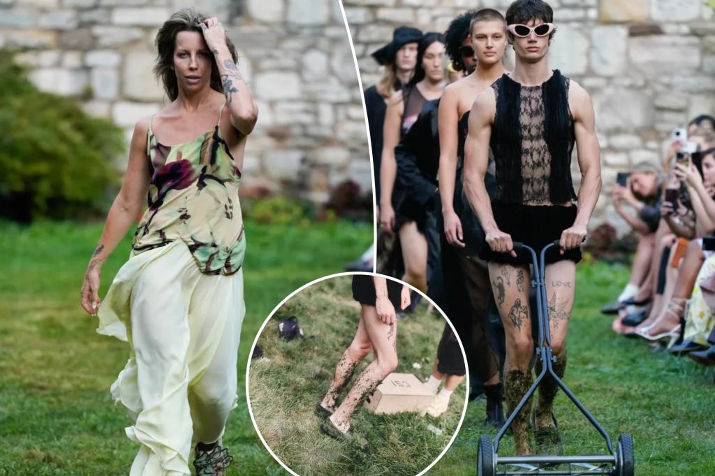 NYFW models push lawnmowers, throw mud as they hit the grass runway at the Collina Strada show